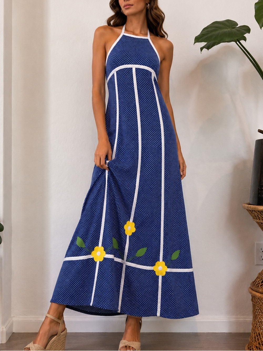 Vintage 70’s Beach Party Polka Dot Halter Maxi Dress Floral Appliqué USA Size 13